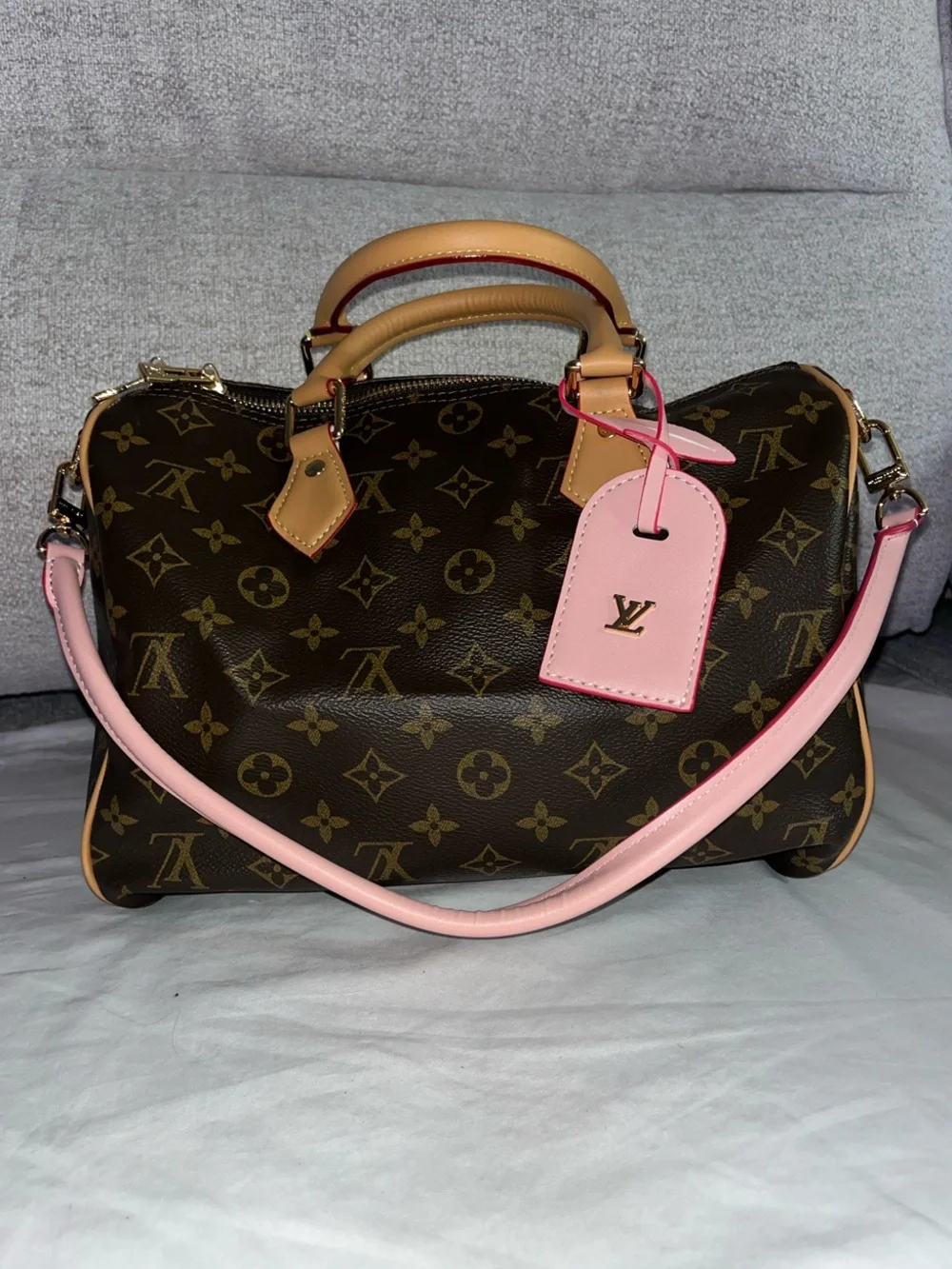 Source Unknown Brown Monogram Satchel with Pink Trim and Tag